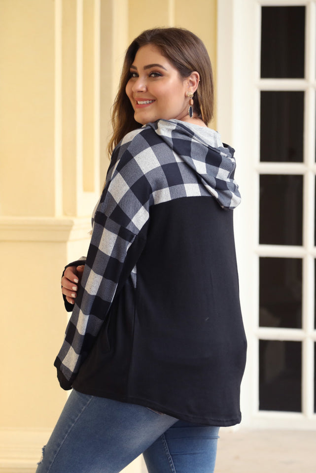 Black Plaid Patchwork Plus Size Hoodie - Aoka Styles Australia