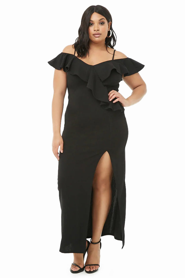 Black Plus Size Open Shoulder Ruffle Dress - Aoka Styles Australia