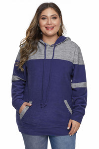 Blue Color Block Pullover Plus Size Hoodie with Pocket - Aoka Styles Australia