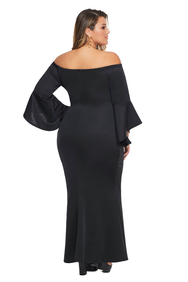 Black Plus Size Off Shoulder Flare Sleeve Maxi Dress - Aoka Styles Australia