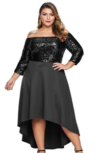 Black Off Shoulder Sequin Bodice Hi-lo Plus Size Dress - Aoka Styles Australia