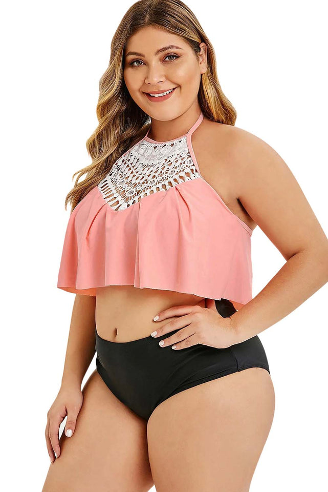 Pink Halter Crochet Panel Overlay Plus Size Tankini Set - Aoka Styles Australia