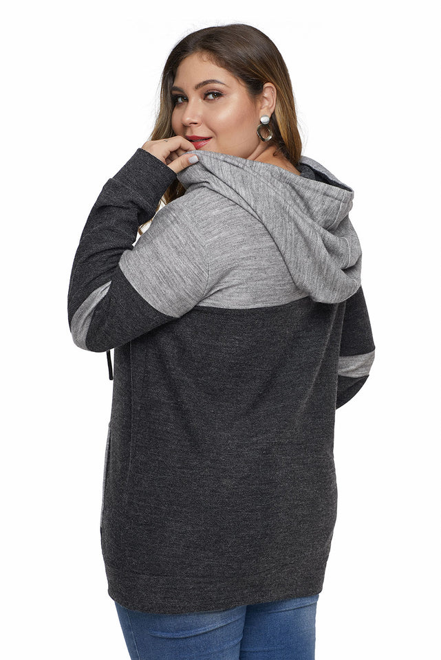 Black Color Block Pullover Plus Size Hoodie with Pocket - Aoka Styles Australia