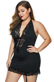 Black  V Neck Halter Open Back Plus Size Chemise - Aoka Styles Australia