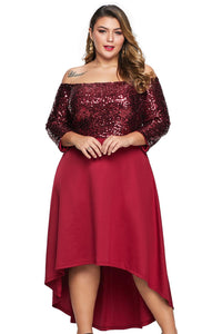 Red Off Shoulder Sequin Bodice Hi-lo Plus Size Dress - Aoka Styles Australia