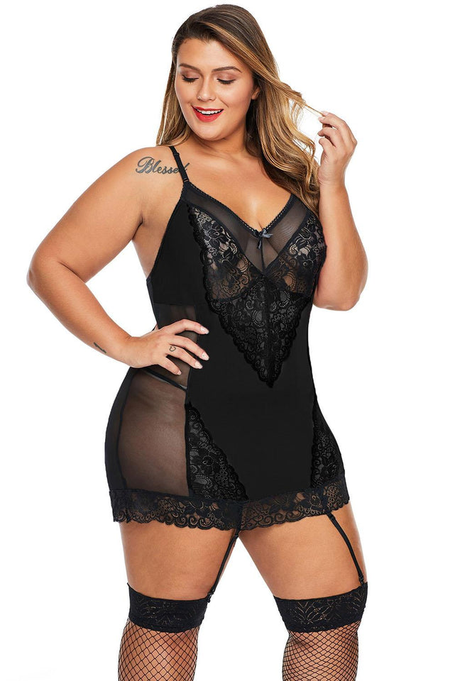 Black Garter Attached Lace Hybrid Mesh Plus Size Chemise - Aoka Styles Australia