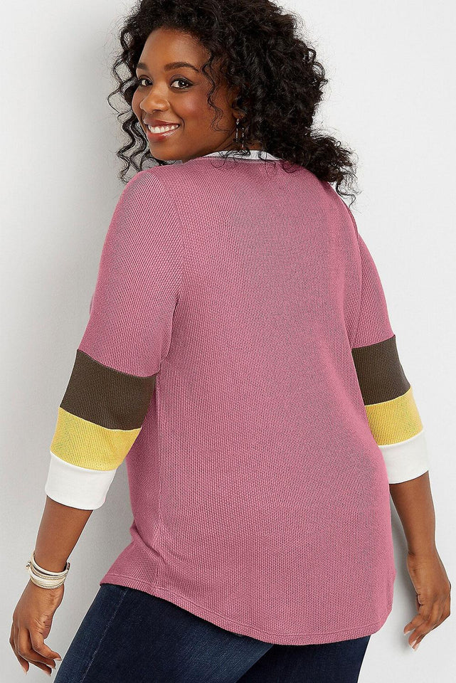 Pink Plus Size Blocked Sleeve Thermal Tee - Aoka Styles Australia