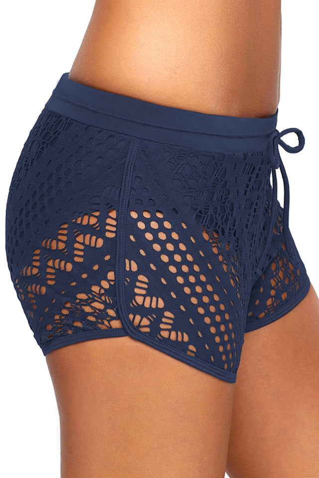 Blue Drawstring Waist Lace Panel Plus Size Swimwear Shorts - Aoka Styles Australia