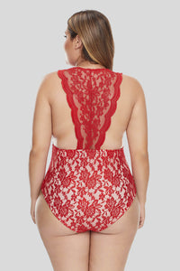 Red Plus Size Deep V Neck Floral Lace Lined Bodysuit - Aoka Styles Australia