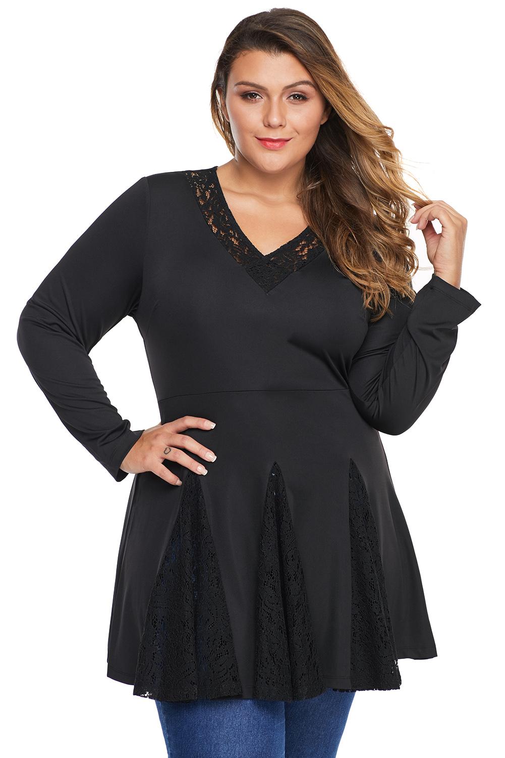 Plus Size V Neck Long Sleeve Lace Insert Peplum Waist Tunic - Aoka Styles Australia