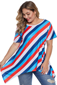 Blue Plus Size Striped Sharkbite Tee - Aoka Styles Australia