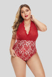 Red Plus Size Deep V Neck Floral Lace Lined Bodysuit - Aoka Styles Australia