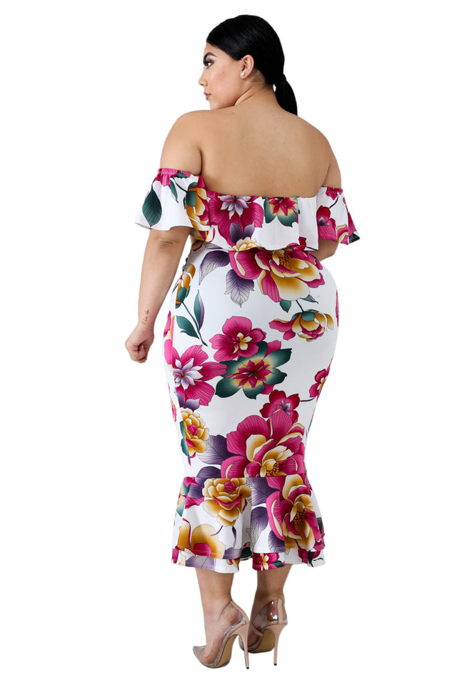 White Off-the-shoulder Floral Mermaid Plus Size Dress - Aoka Styles Australia