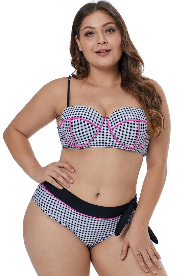 Contrast Piping Tartan Printed Pattern Plus Size Bikini - Aoka Styles Australia