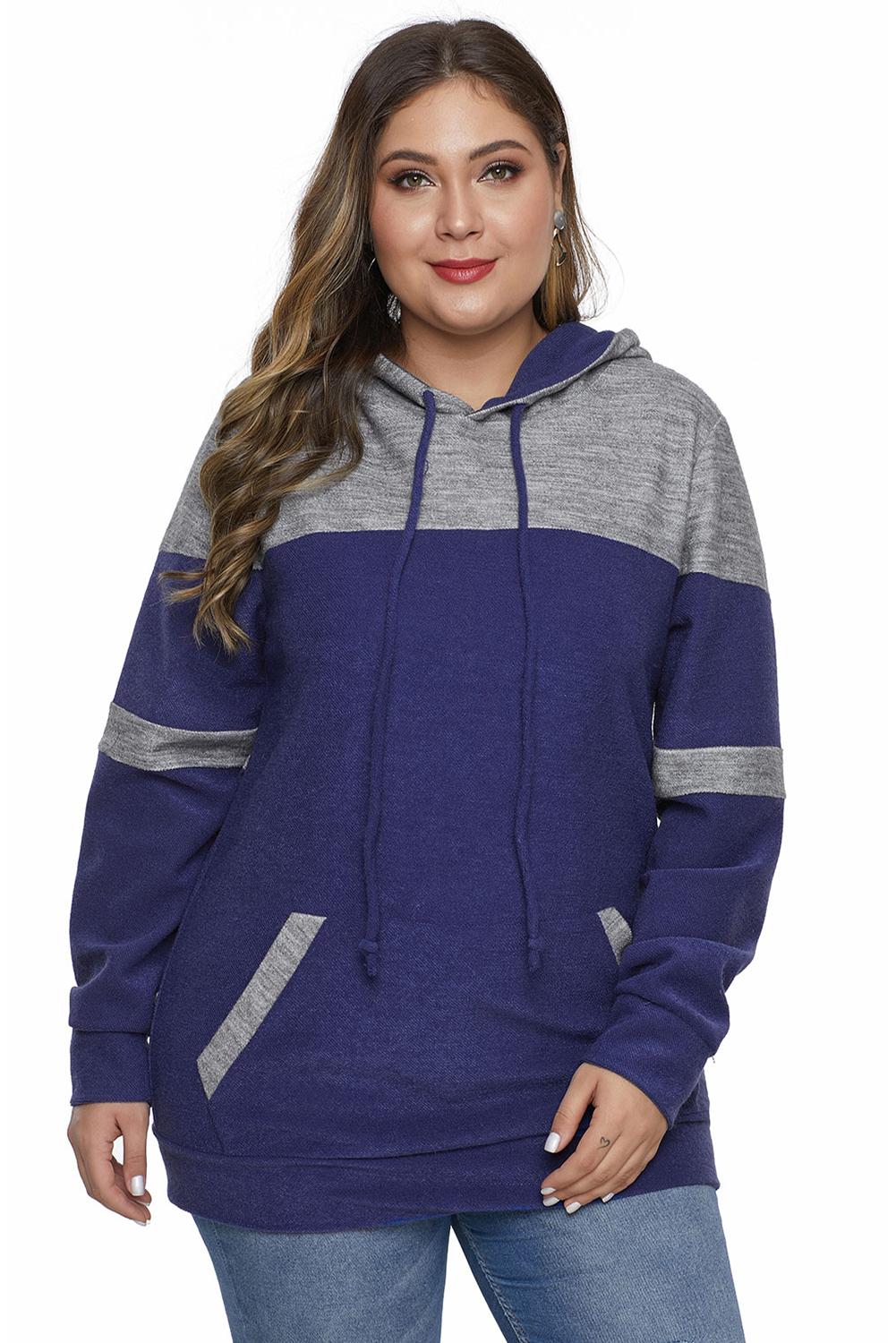 Blue Color Block Pullover Plus Size Hoodie with Pocket - Aoka Styles Australia