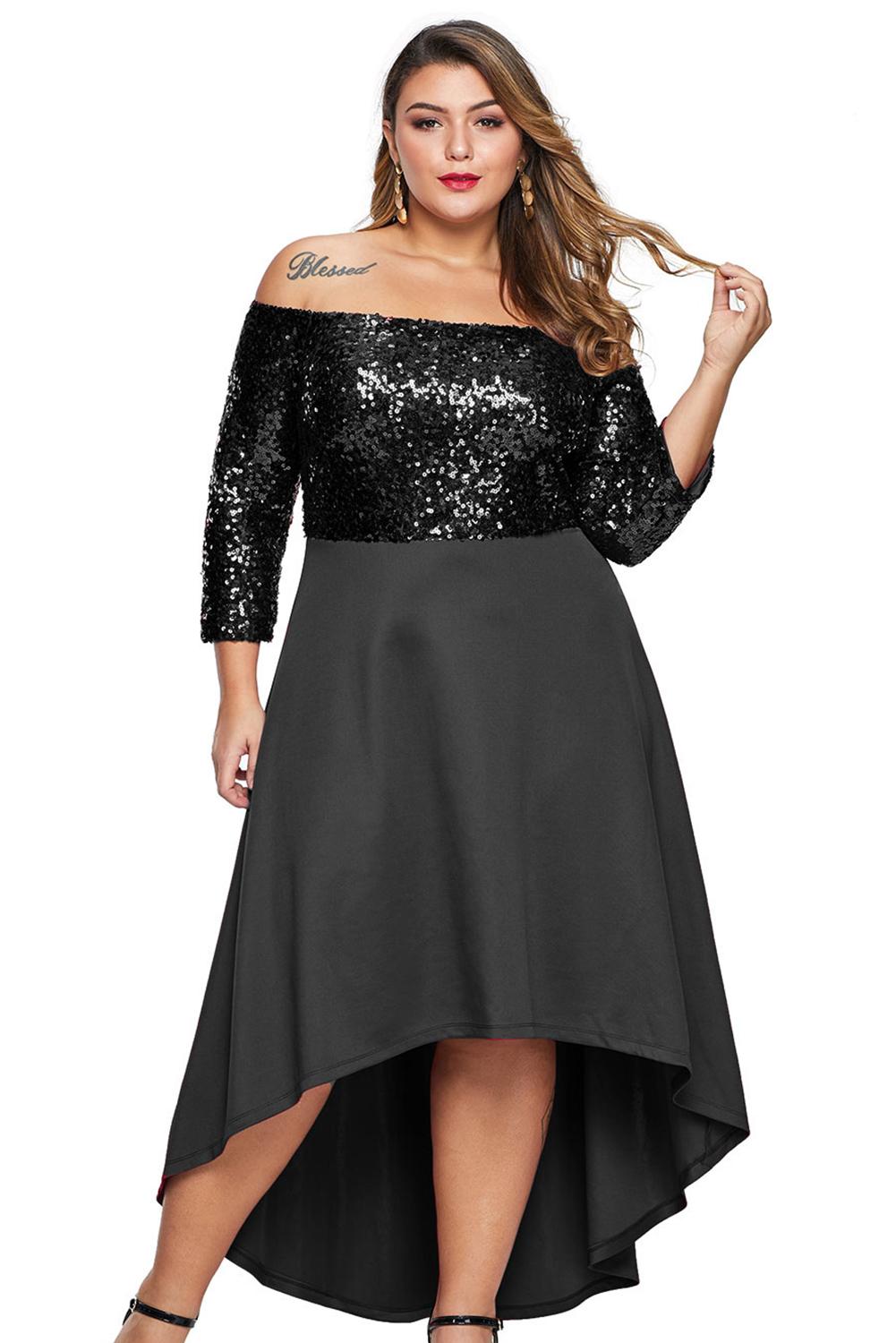 Black Off Shoulder Sequin Bodice Hi-lo Plus Size Dress - Aoka Styles Australia