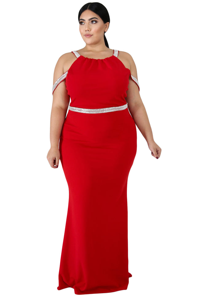 Red Plus Size Rhinestone Galore Maxi Dress - Aoka Styles Australia