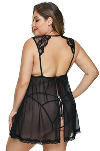 Black Hollow-out Bust Lace Upper Open Back Plus Size Babydoll - Aoka Styles Australia