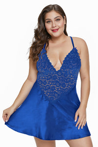 Blue Plus Size Satin and Lace Chemise Set - Aoka Styles Australia