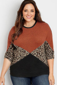 Orange Plus Size Animal Print Splice Long Sleeve Pullover Sweatshirt - Aoka Styles Australia