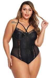 Black Cross Front Lace Detail Plus Size Teddy - Aoka Styles Australia