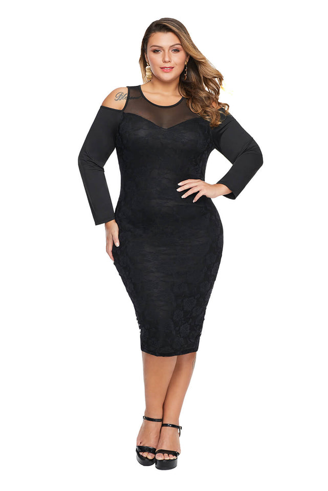 Black Cold Shoulder Mesh Yoke Plus Size Dress - Aoka Styles Australia