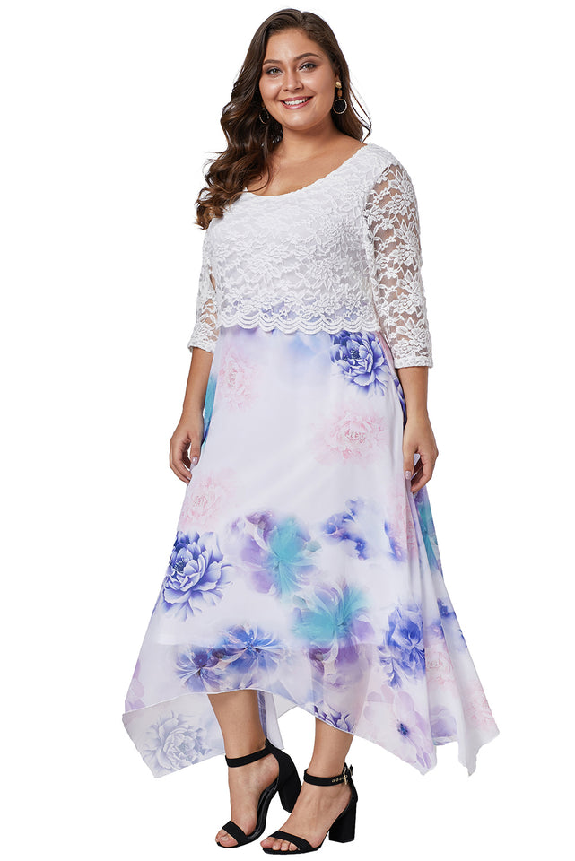 White Plus Size Floral Dress With Lace Overlay - Aoka Styles Australia