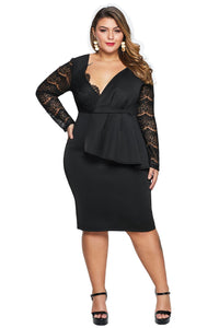 Black Lace Stitching Surpliced V Neck Plus Size Dress - Aoka Styles Australia