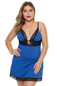 Blue Plus Size Lace Neckline Lingerie Dress with Thong - Aoka Styles Australia