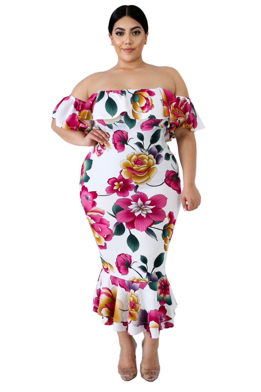 White Off-the-shoulder Floral Mermaid Plus Size Dress - Aoka Styles Australia