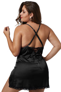 Black Plus Size Satin Chemise with Lace - Aoka Styles Australia