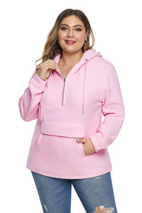 Pink Zip Neck Drawstring Plus Size Hoodie - Aoka Styles Australia