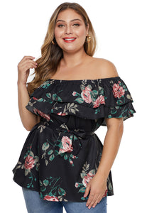 Black Plus Size Floral Tiered Off the Shoulder Top - Aoka Styles Australia