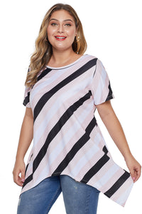 Pink Plus Size Striped Sharkbite Tee - Aoka Styles Australia