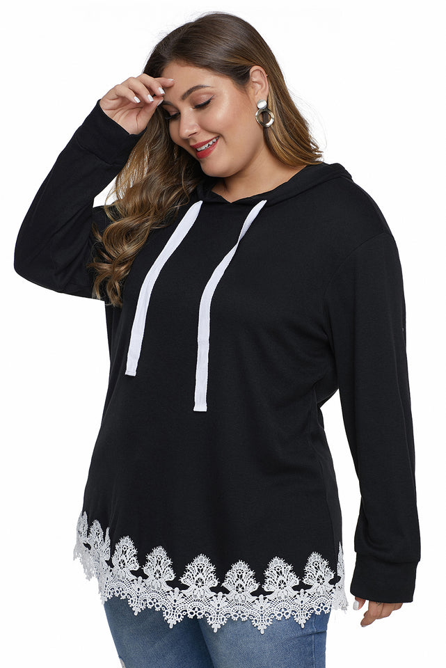 Black Plus Size Supersoft Hoodie Sweatshirt With Lace Trim - Aoka Styles Australia