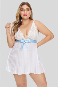 White Plunge V Neck Lace Bust Pleated Plus Size Babydoll - Aoka Styles Australia