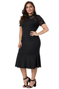 Black Lace Panel Peplum Hem Plus Size Sheath Dress - Aoka Styles Australia