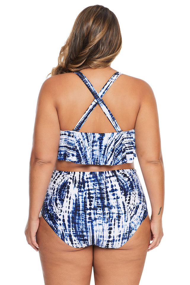 Plus Size Blue Strappy High Waist Swimwear - Aoka Styles Australia