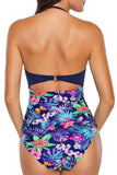 Blue Plus Size Solid Color Bodice Floral Panty Swim Maillot - Aoka Styles Australia