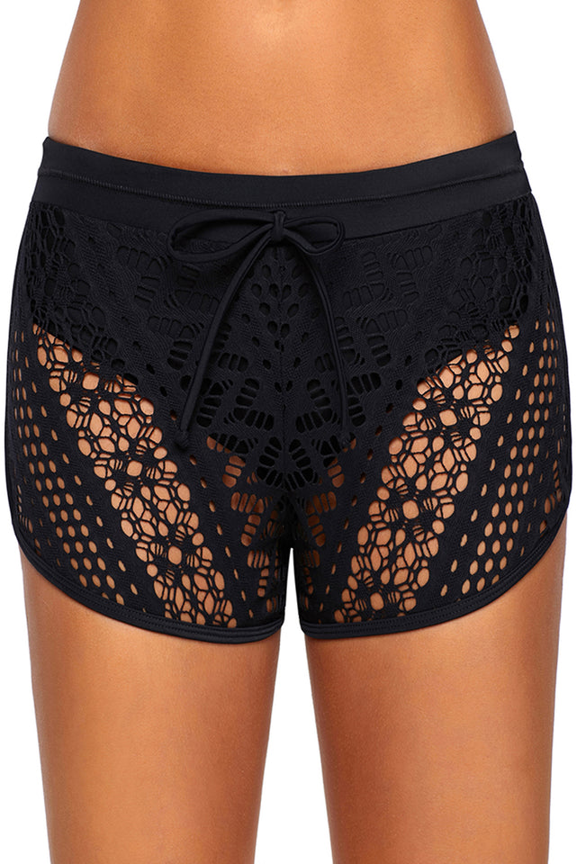 Black Drawstring Waist Lace Panel Plus Size Swimwear Shorts - Aoka Styles Australia