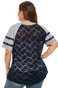 Blue Lace Panel Raglan Sleeve Plus Size T-shirt - Aoka Styles Australia