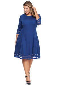 Blue 3/4 Length Sleeve Gauze Patchwork Flare Plus Size Dress - Aoka Styles Australia