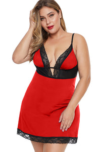 Red Plus Size Lace Neckline Lingerie Dress with Thong - Aoka Styles Australia