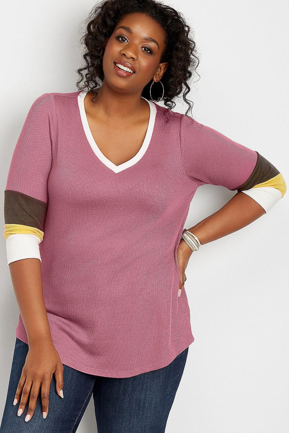 Pink Plus Size Blocked Sleeve Thermal Tee - Aoka Styles Australia