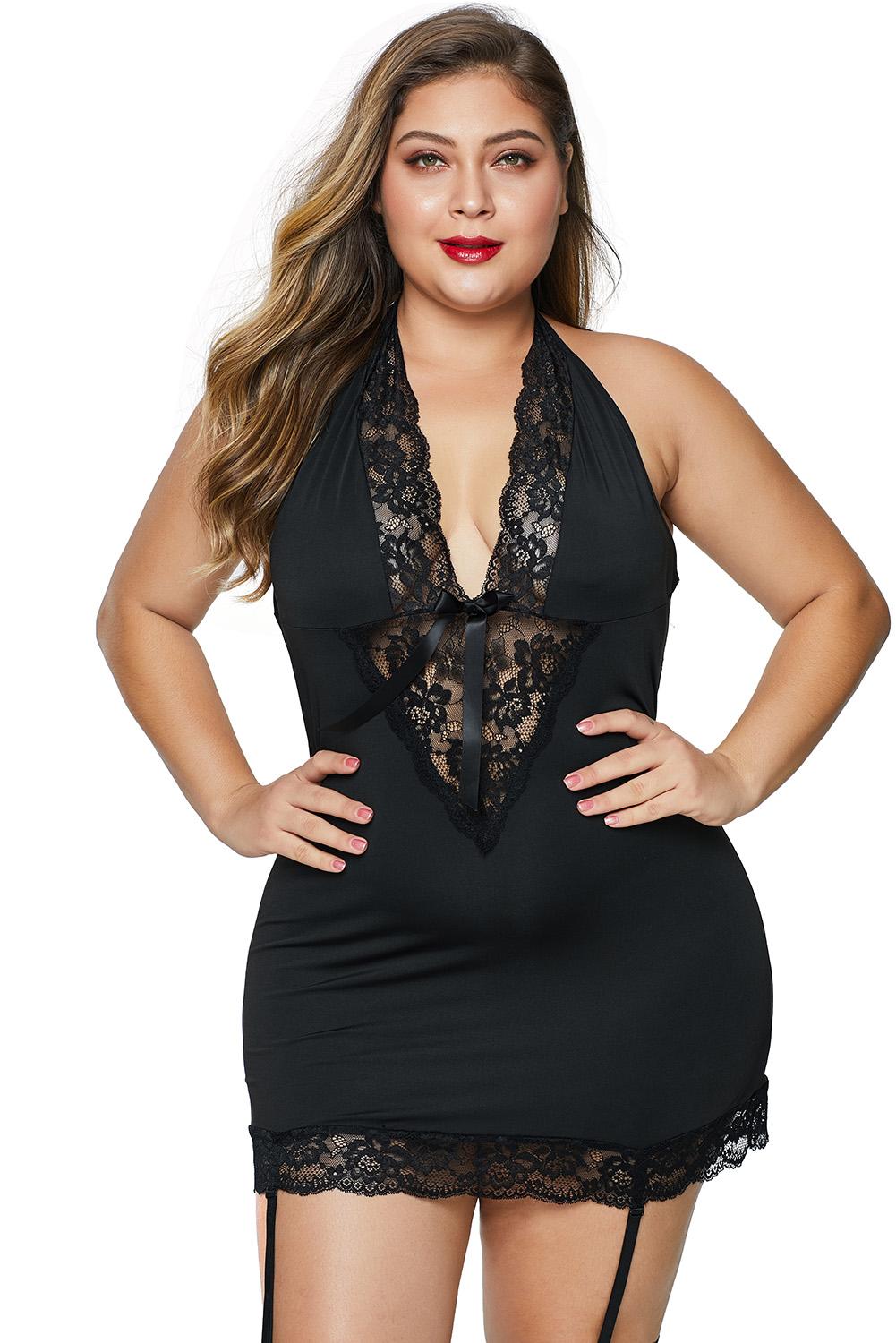 Black  V Neck Halter Open Back Plus Size Chemise - Aoka Styles Australia