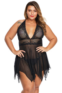 Black Deep V Neck Halter Plus Size Babydoll - Aoka Styles Australia