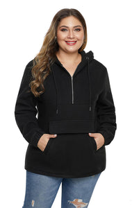 Black Zip Neck Drawstring Plus Size Hoodie - Aoka Styles Australia