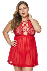 Red Hollow-out Bust Lace Upper Open Back Plus Size Babydoll - Aoka Styles Australia