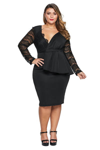 Black Lace Stitching Surpliced V Neck Plus Size Dress - Aoka Styles Australia