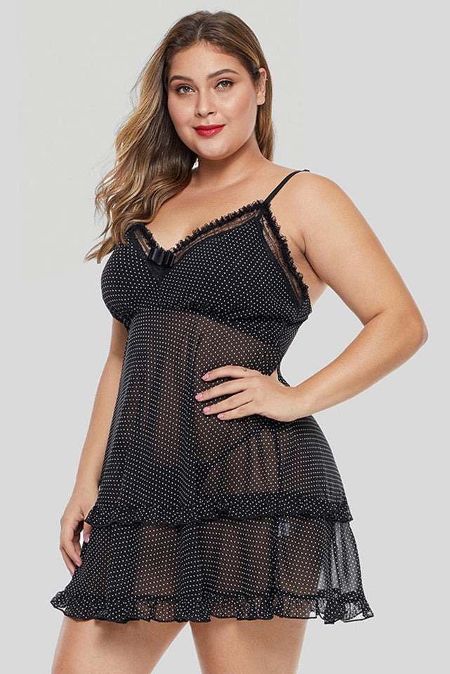 Spaghetti Straps Dotted Ruffle Plus Size Babydoll - Aoka Styles Australia